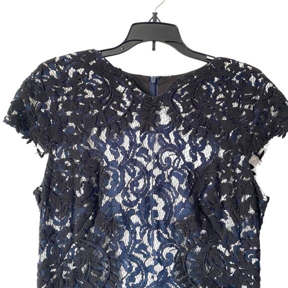 Tadashi Shoji Contrast Embroidered Lace Panel Dress size 12 Blue Black - Picture 4 of 10